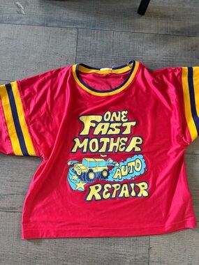 MOTHER Red Jersey Top with Yellow and Blue Trim